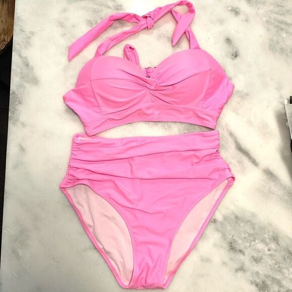 Marina West Twist Front Halter Top And High Waisted Ruched Bottom 2 Pc Bikini Se - Picture 1 of 7